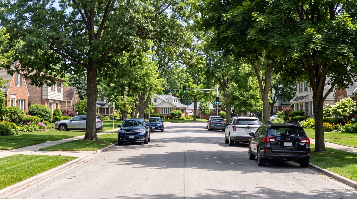 A quiet tree-lined suburban Illinois street